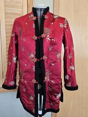 VTG Peony Brand Shanghai Reversible Satin Brocade Jacket Black Curly Wool Coat L